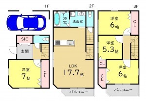 大阪市鶴見区茨田大宮、中古一戸建ての間取り画像です