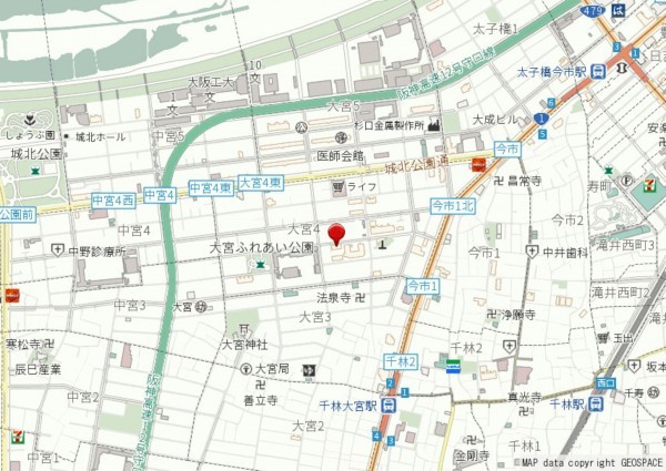 大阪市旭区大宮、マンションの地図画像です