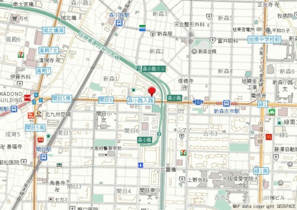 大阪市旭区新森、マンションの地図画像です