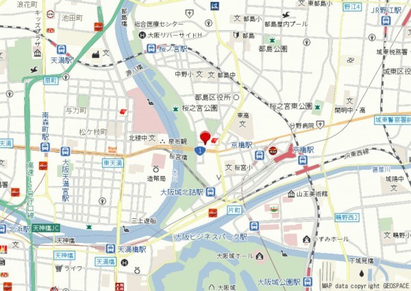 大阪市都島区中野町、マンションの地図画像です