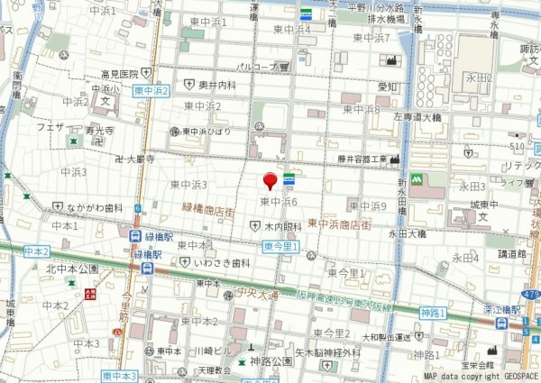 大阪市城東区東中浜、中古一戸建ての地図画像です