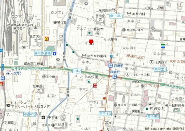 大阪市城東区中浜、中古一戸建ての地図画像です
