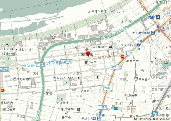 大阪市旭区大宮、中古一戸建ての地図画像です