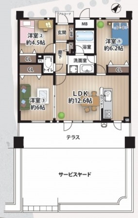 大阪市鶴見区鶴見、マンションの間取り画像です