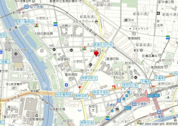大阪市都島区中野町、マンションの地図画像です