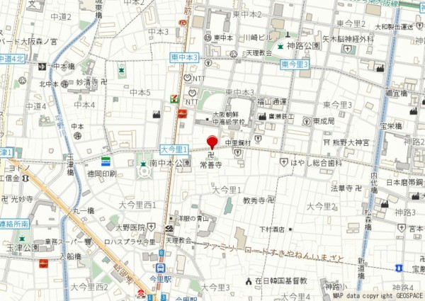 大阪市東成区大今里、中古一戸建ての地図画像です