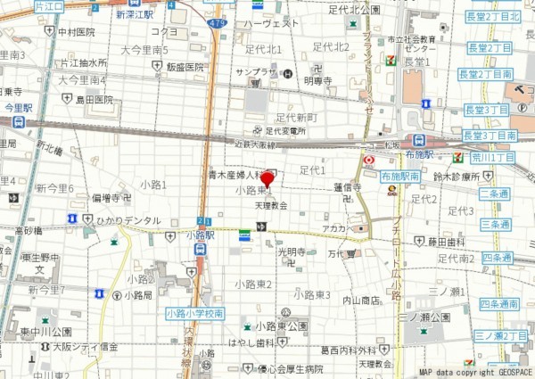 大阪市生野区小路東、中古一戸建ての地図画像です