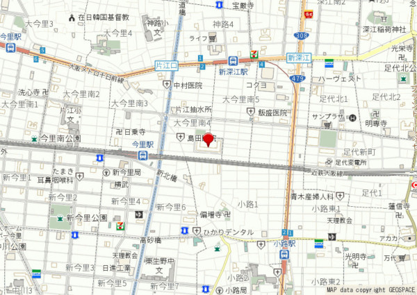 大阪市東成区大今里南、マンションの地図画像です