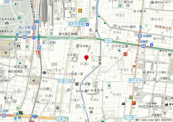大阪市東成区中道、中古一戸建ての地図画像です