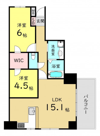 大阪市鶴見区鶴見、マンションの間取り画像です