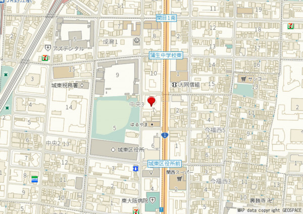 大阪市城東区中央、マンションの地図画像です