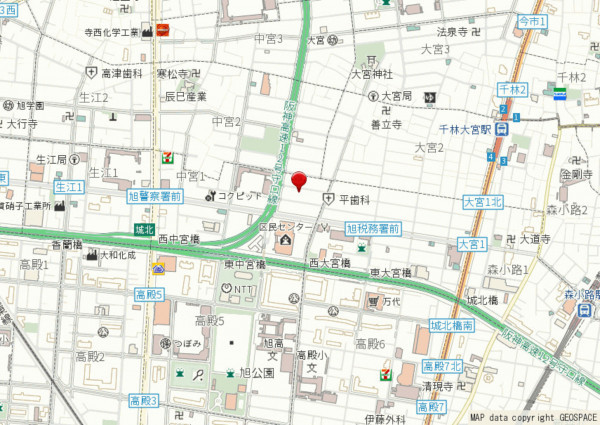 大阪市旭区中宮、中古一戸建ての地図画像です