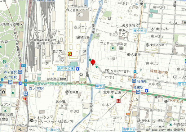 大阪市東成区中本、中古一戸建ての地図画像です