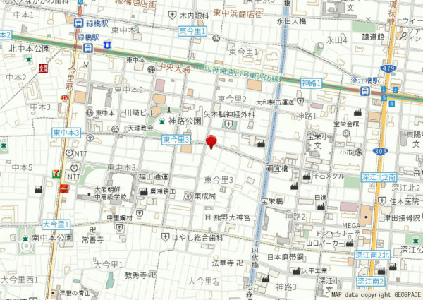 大阪市東成区東今里、中古一戸建ての地図画像です