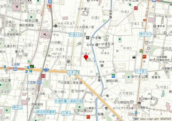 大阪市東成区中道、中古一戸建ての地図画像です