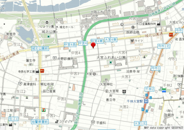 大阪市旭区中宮、中古一戸建ての地図画像です
