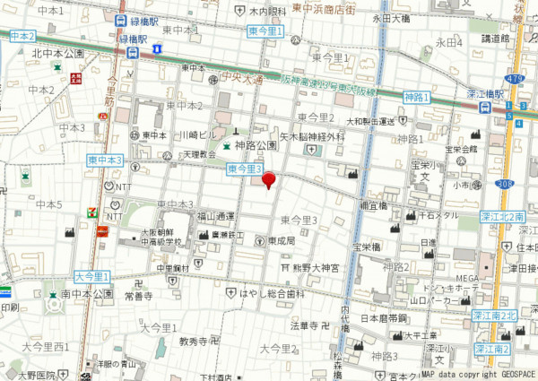大阪市東成区東今里、中古一戸建ての地図画像です