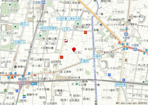 大阪市東成区玉津、中古一戸建ての地図画像です