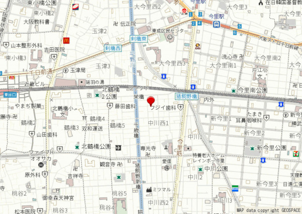 大阪市生野区中川西、中古一戸建ての地図画像です