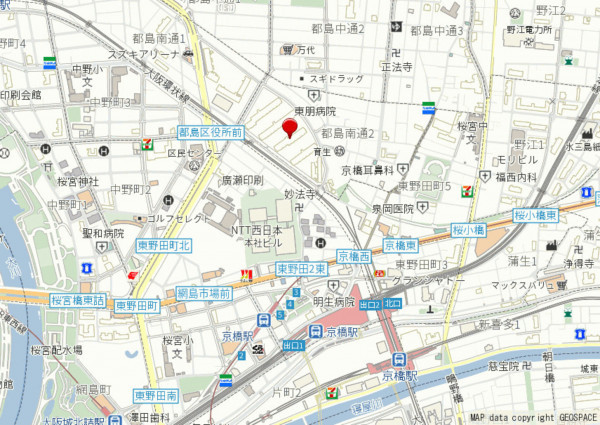 大阪市都島区都島南通、マンションの地図画像です