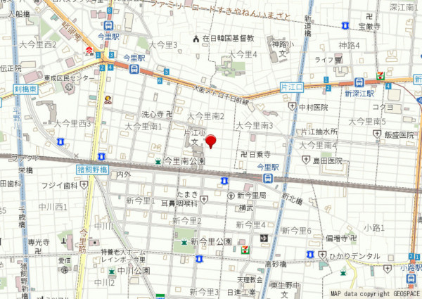 大阪市東成区大今里南、中古一戸建ての地図画像です