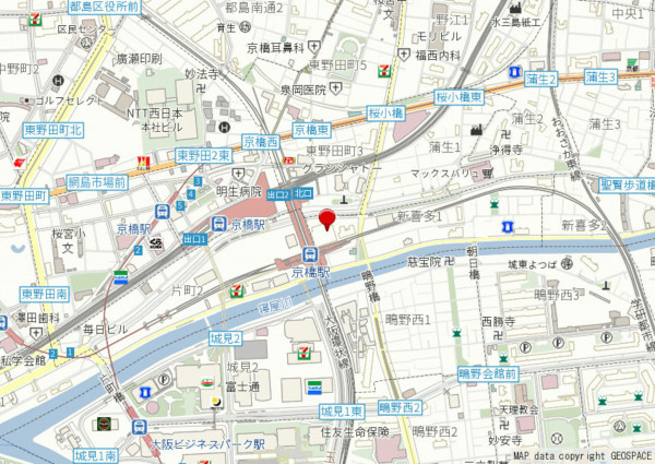 大阪市城東区新喜多、マンションの地図画像です