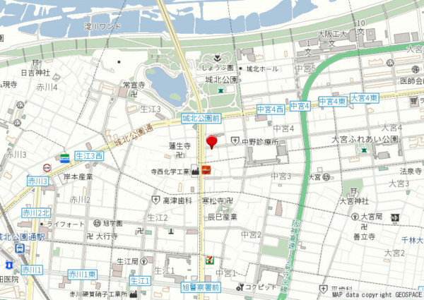 大阪市旭区中宮、中古一戸建ての地図画像です
