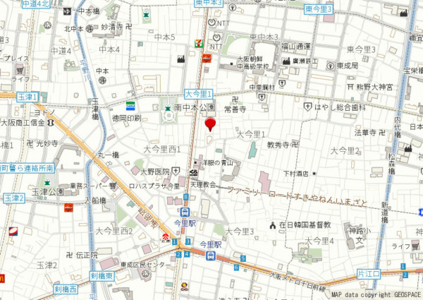 大阪市東成区大今里、中古一戸建ての地図画像です