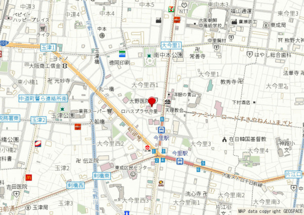 大阪市東成区大今里西、新築一戸建ての地図画像です
