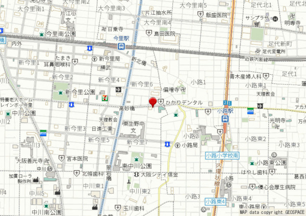 大阪市生野区新今里、中古一戸建ての地図画像です
