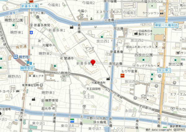 大阪市城東区新喜多東、マンションの地図画像です