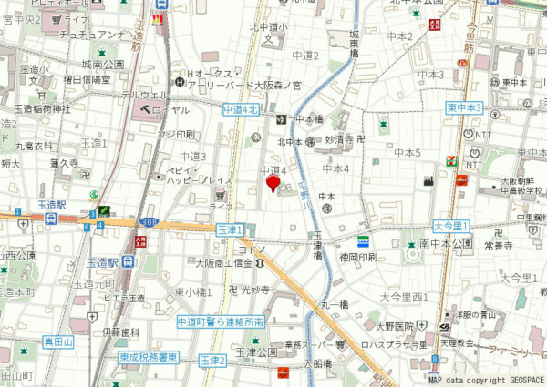 大阪市東成区中道、中古一戸建ての地図画像です