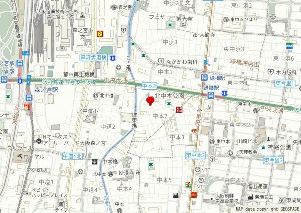 大阪市東成区中本、中古一戸建ての地図画像です