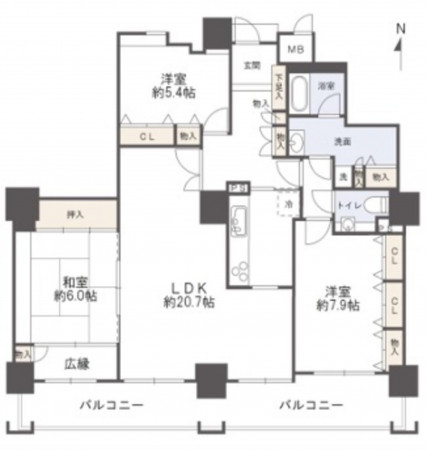 大阪市鶴見区鶴見、マンションの間取り画像です