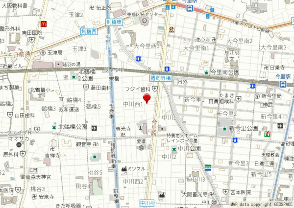 大阪市生野区中川西、中古一戸建ての地図画像です