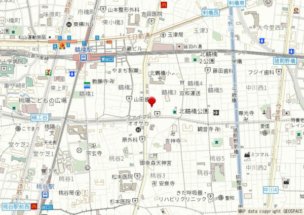 大阪市生野区鶴橋、中古一戸建ての地図画像です