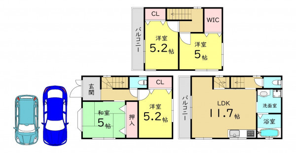 大阪市都島区高倉町、中古一戸建ての間取り画像です