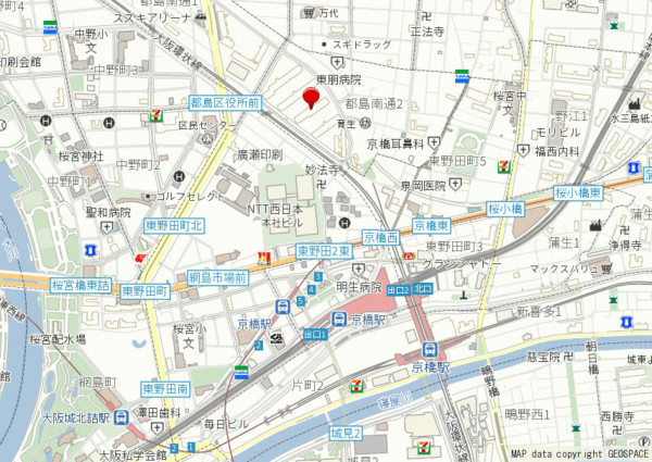 大阪市都島区都島南通、マンションの地図画像です