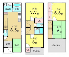 大阪市東成区大今里南、中古一戸建ての間取り画像です