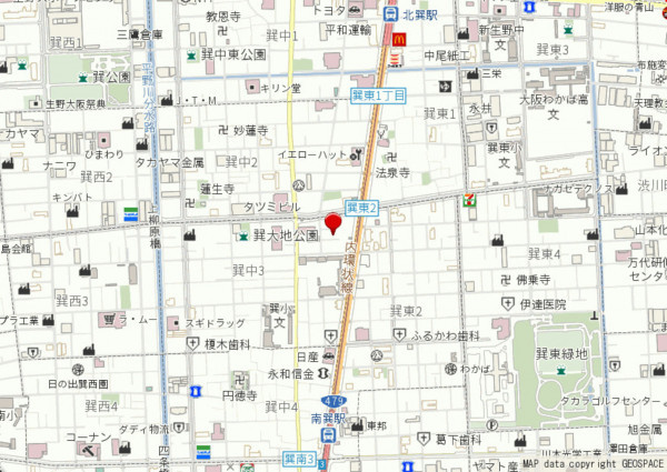 大阪市生野区巽中、中古一戸建ての地図画像です