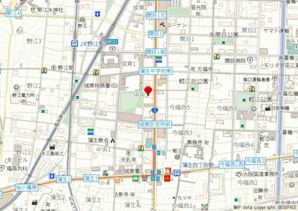 大阪市城東区中央、マンションの地図画像です