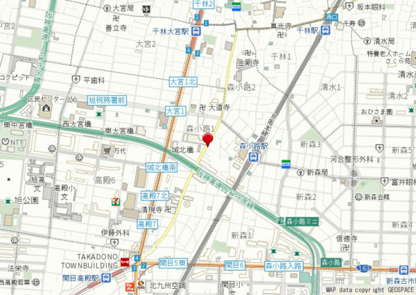 大阪市旭区森小路、中古一戸建ての地図画像です