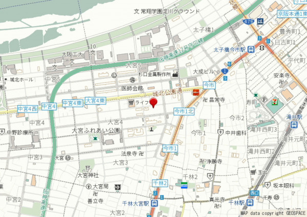 大阪市旭区大宮、マンションの地図画像です