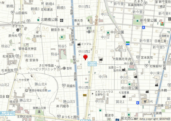 大阪市生野区中川西、中古一戸建ての地図画像です
