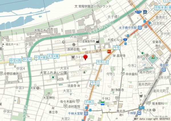 大阪市旭区大宮、マンションの地図画像です