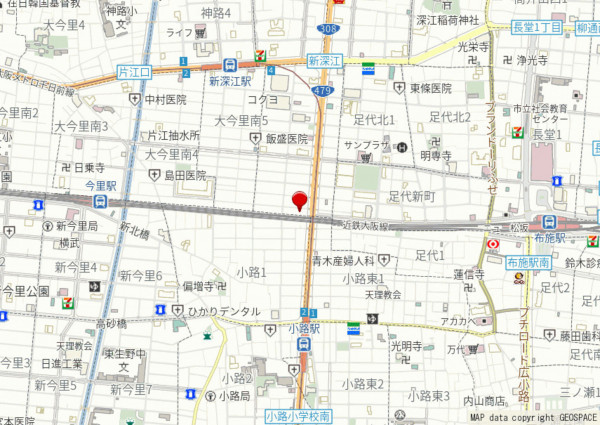 大阪市東成区大今里南、新築一戸建ての地図画像です