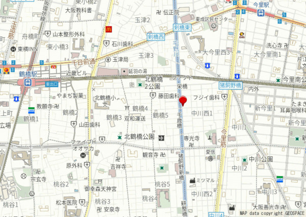 大阪市生野区中川西、中古一戸建ての地図画像です