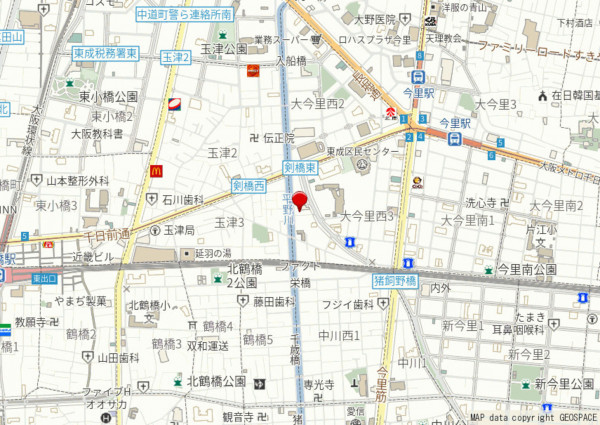 大阪市東成区大今里西、中古一戸建ての地図画像です
