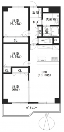 大阪市東成区大今里南、マンションの間取り画像です