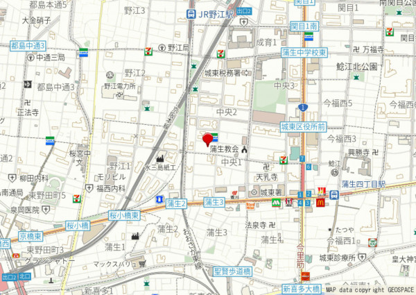大阪市城東区中央、マンションの地図画像です